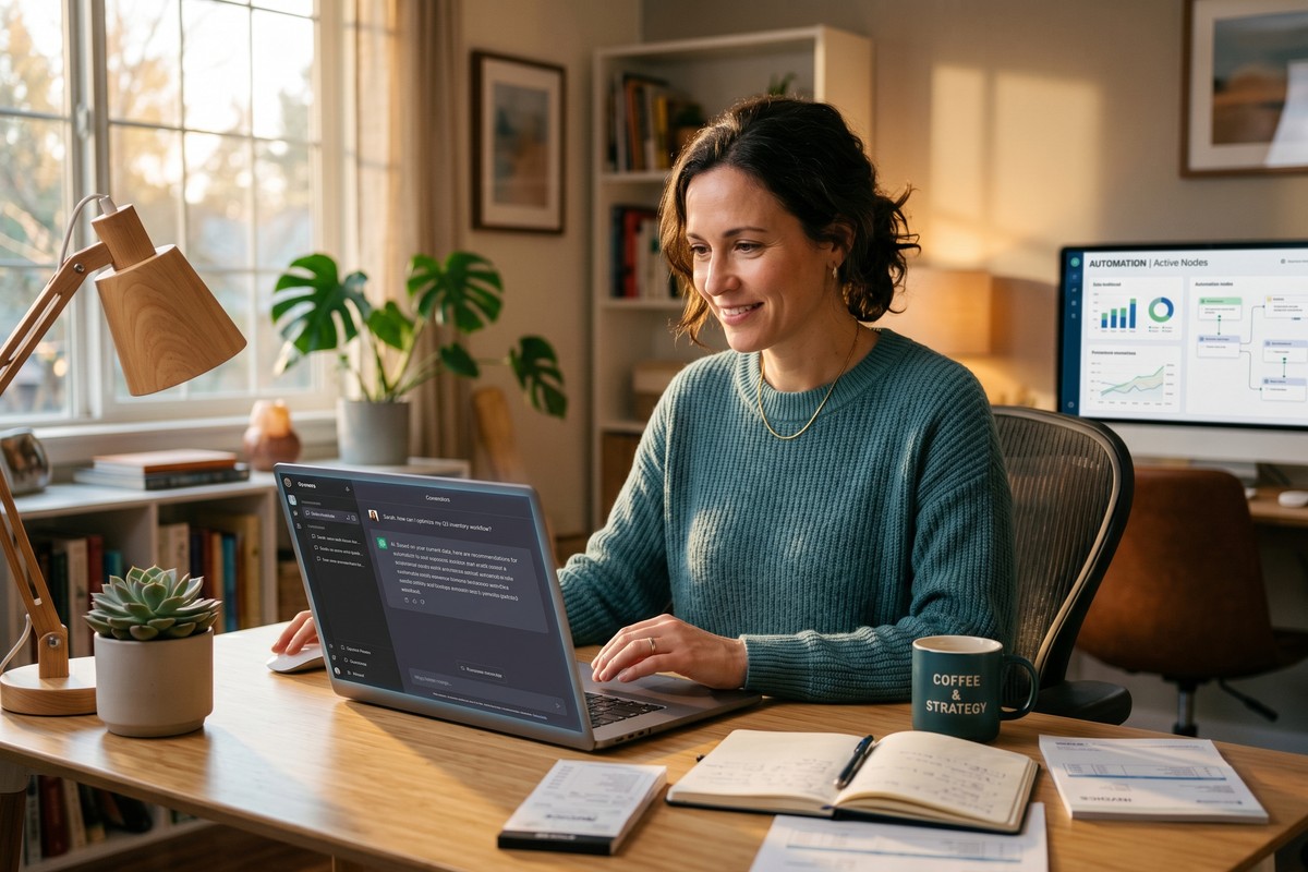 Small business owner using AI agents on a laptop to manage business tools and replace software subscriptions