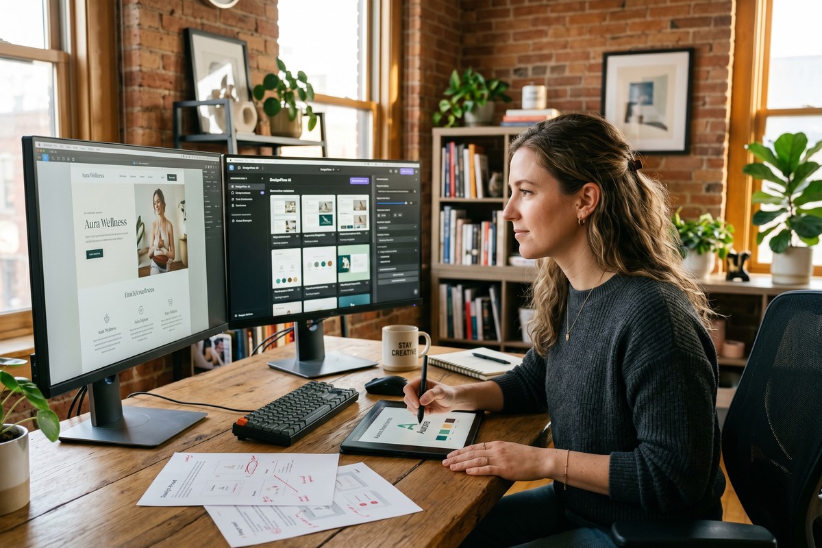 Freelance designer using AI apps on a laptop to reduce client revisions