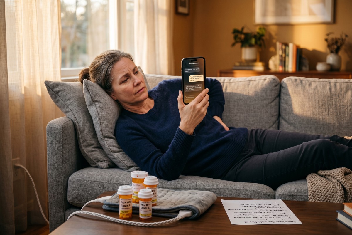 Person using AI app on tablet to manage chronic pain at home