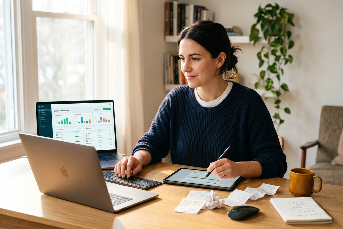 Freelancer using an AI expense tracker app on a laptop to manage finances