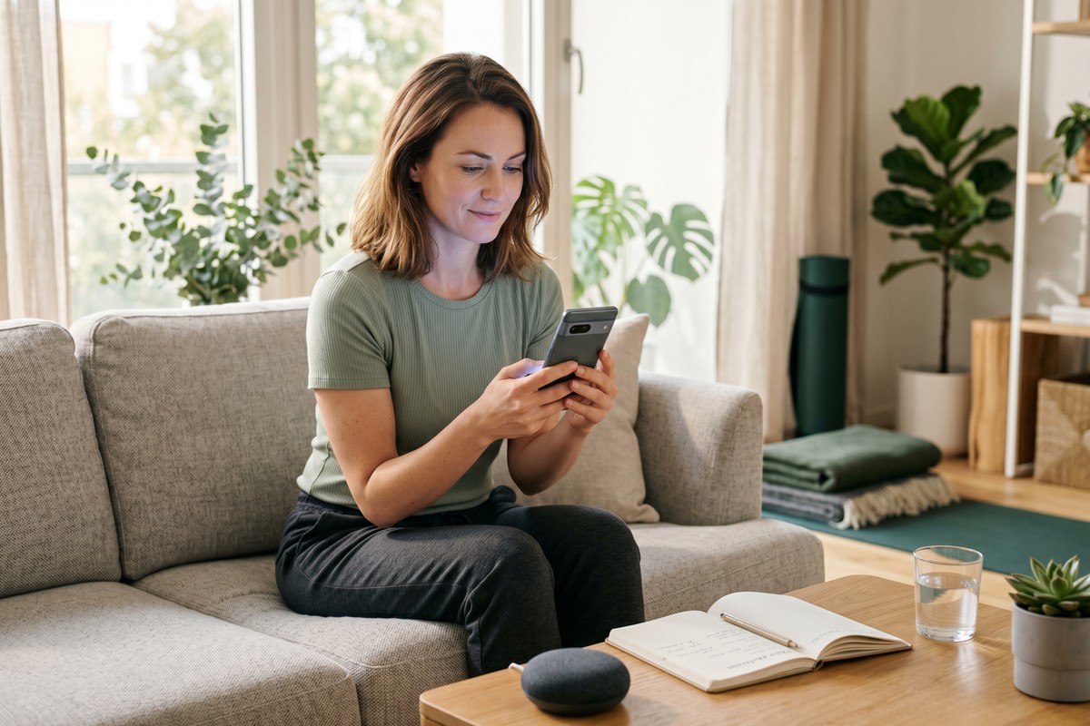 A beginner using an AI health coach app on a smartphone to track wellness goals