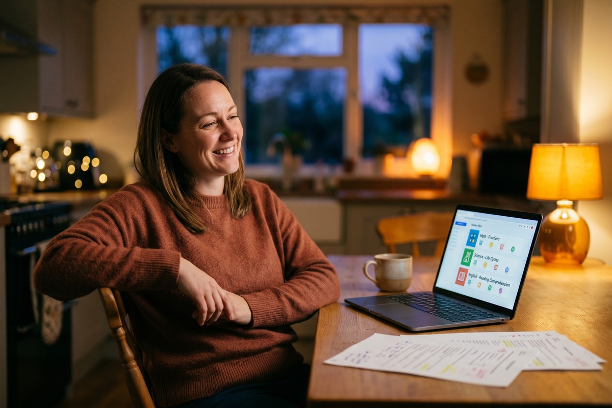 Teacher using an AI lesson planning app on a laptop to prepare classroom materials in the evening
