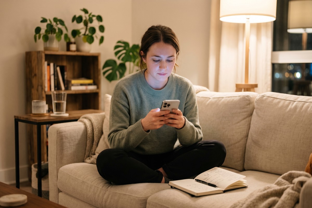 Person using an AI mental health app on a smartphone to manage anxiety
