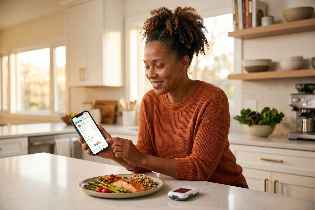 Person with Type 2 diabetes using an AI nutrition app on a smartphone to track meals and blood sugar levels