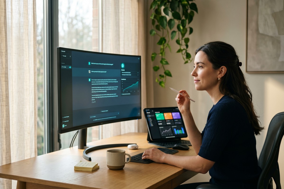 Person using AI productivity apps on a laptop in 2026 with a modern workspace setup