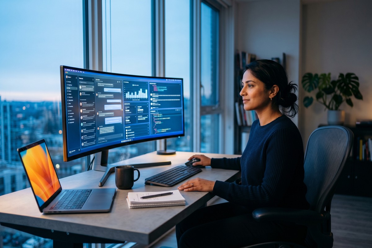 Person using AI productivity tools on a laptop in 2026