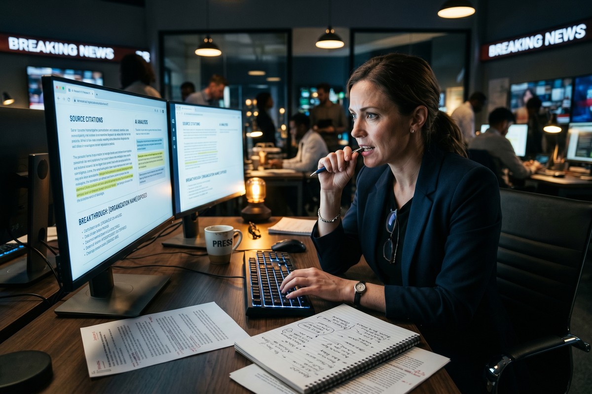 Journalist using AI research tools on a laptop to break a news story faster in a modern newsroom