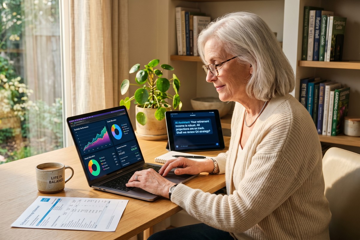 Retired couple using AI tool on laptop to manage fixed income retirement portfolio at home