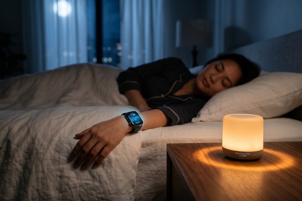 AI sleep tracker app displayed alongside a wearable smartwatch on a nightstand tracking sleep data