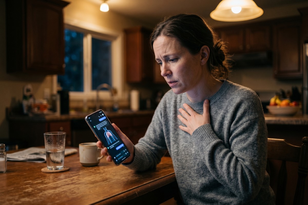 Person using an AI symptom checker app on a smartphone with a cautionary warning overlay