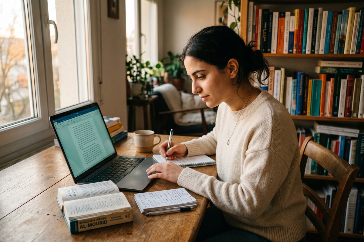 Non-native English speaker using AI writing app on laptop to improve English grammar and fluency