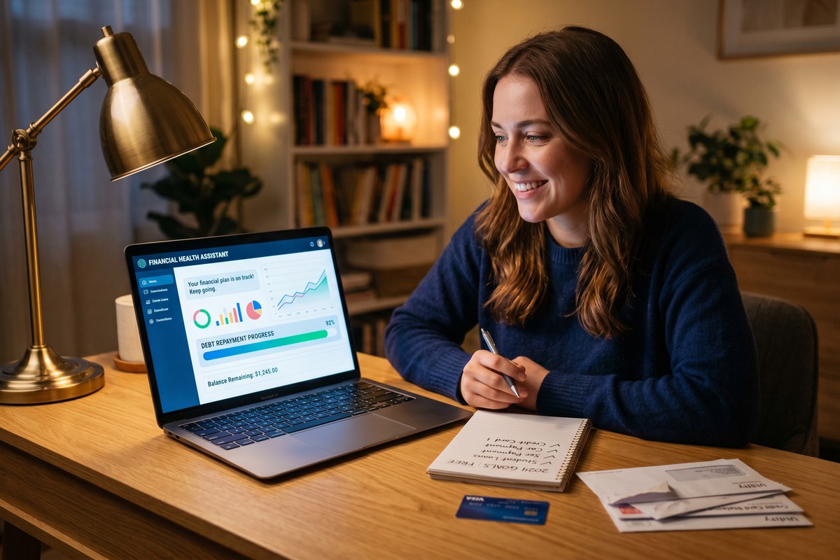 Freelancer smiling at laptop after paying off debt using an AI financial planner
