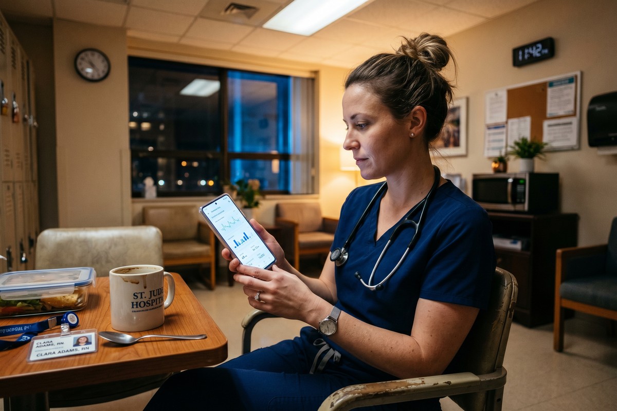 Nurse reviewing AI health monitoring data on a smartwatch to detect early burnout symptoms