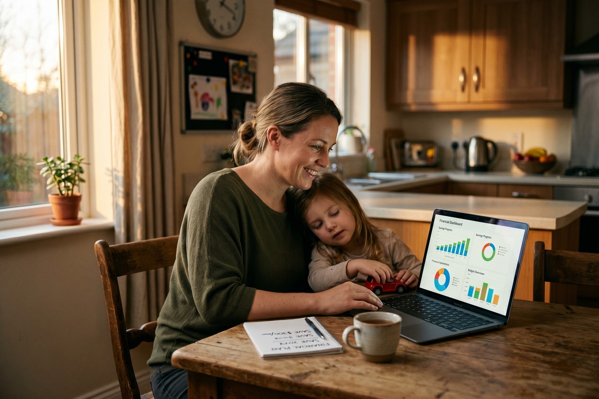 Single mom using AI savings tools on laptop to track emergency fund progress