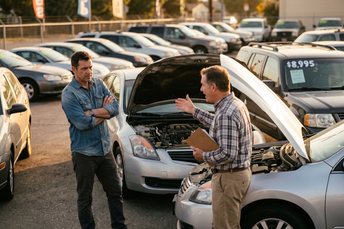 Person inspecting a used car at a dealership to avoid common buying mistakes