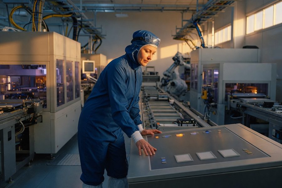 Wafer fab floor with HBM production line marked in red