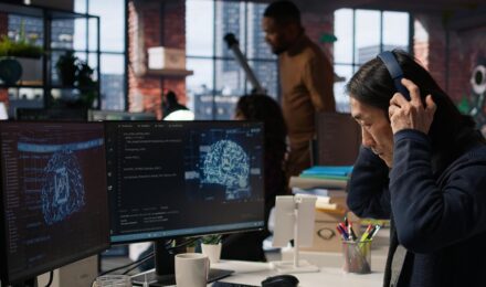 Business team reviewing AI strategy and deployment results on computer dashboard