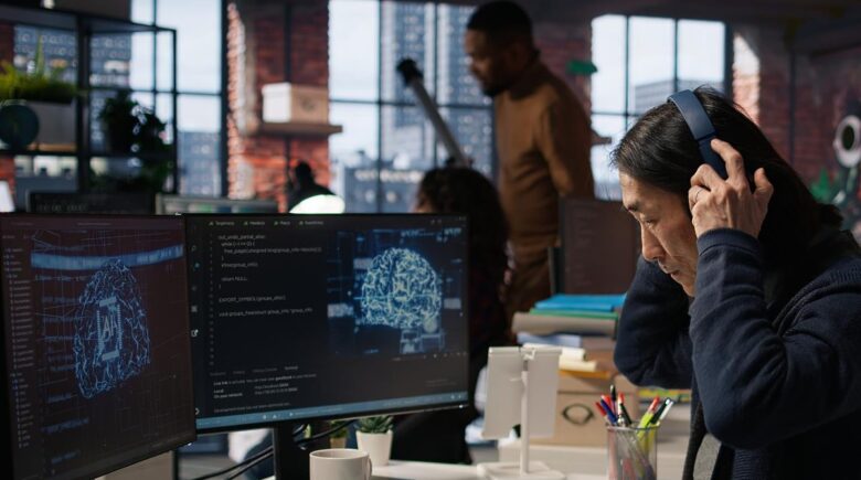 Business team reviewing AI strategy and deployment results on computer dashboard