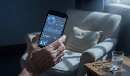 Older adult using smartphone to access AI health app for medication reminder and vital signs tracking