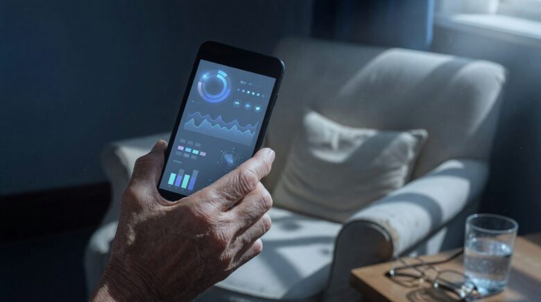 Older adult using smartphone to access AI health app for medication reminder and vital signs tracking