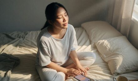 New mother using AI mental health app on smartphone to track postpartum mood and wellness