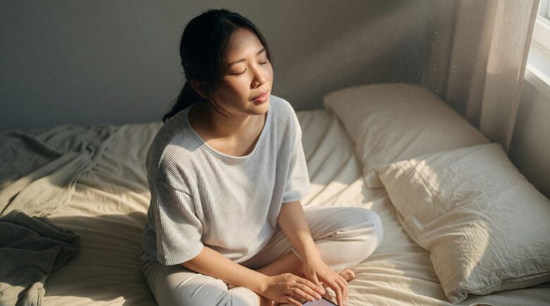 New mother using AI mental health app on smartphone to track postpartum mood and wellness