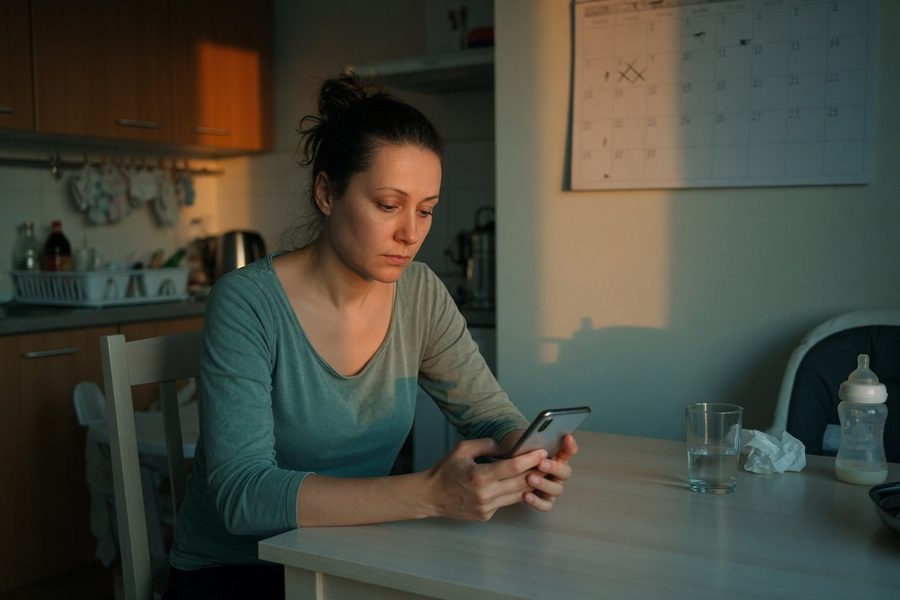 New mother using a smartphone AI wellness app while holding sleeping newborn