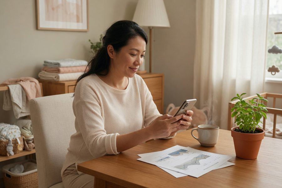 New mother sitting on couch with laptop, video-calling therapist while baby sleeps nearby