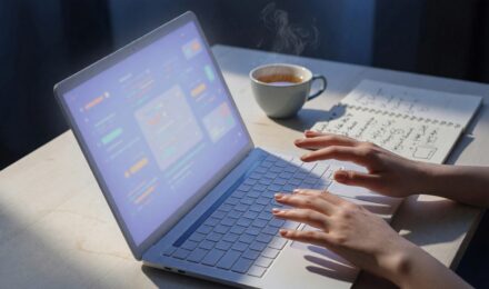 Beginner programmer using an AI coding app on a laptop to write their first program