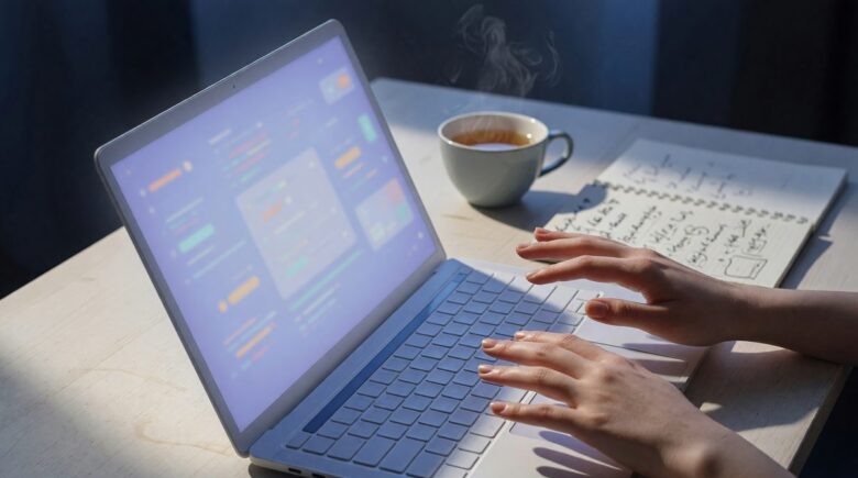 Beginner programmer using an AI coding app on a laptop to write their first program