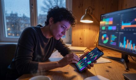 Dashboard interface of an AI crypto portfolio tracker showing wallet balance, risk scores, and market predictions