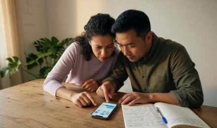 Couple reviewing financial data and debt payoff plan on mobile device with AI app interface