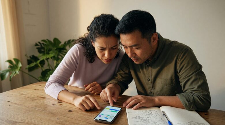Couple reviewing financial data and debt payoff plan on mobile device with AI app interface