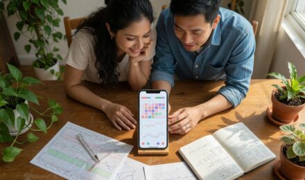 Couple viewing AI fertility tracking dashboard on smartphone to plan pregnancy