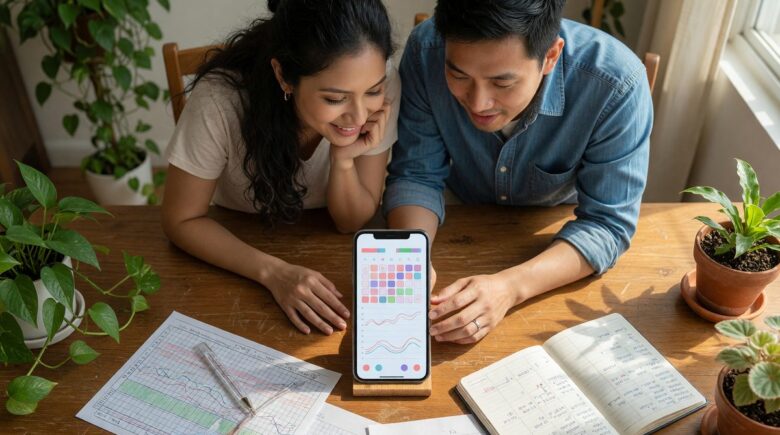 Couple viewing AI fertility tracking dashboard on smartphone to plan pregnancy