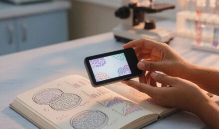 Digital visualization of microbiome bacteria and AI monitoring interface on a smartphone screen