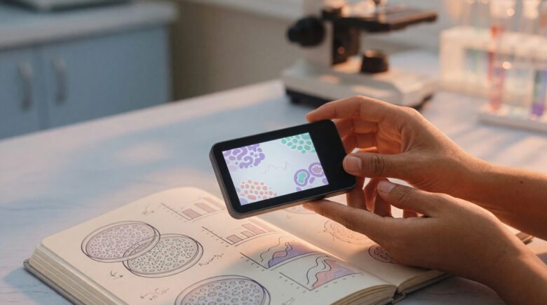 Digital visualization of microbiome bacteria and AI monitoring interface on a smartphone screen