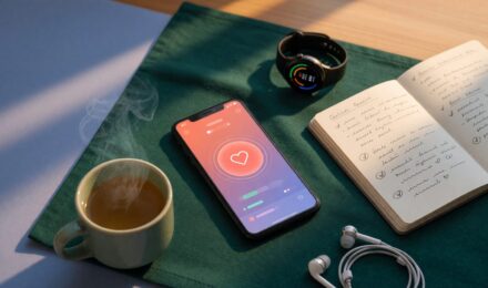 Remote worker at desk using AI health app on laptop for stress management
