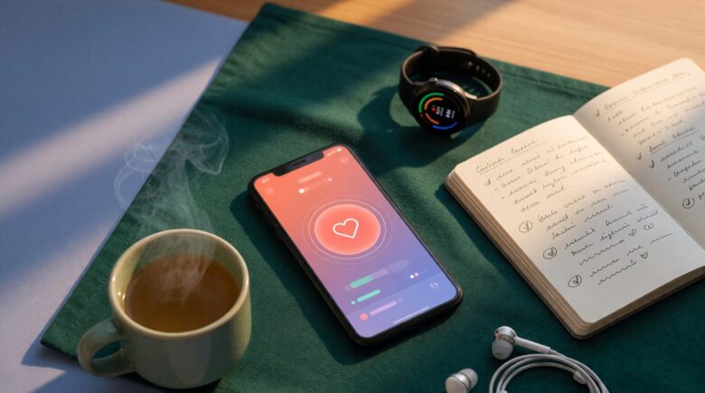Remote worker at desk using AI health app on laptop for stress management