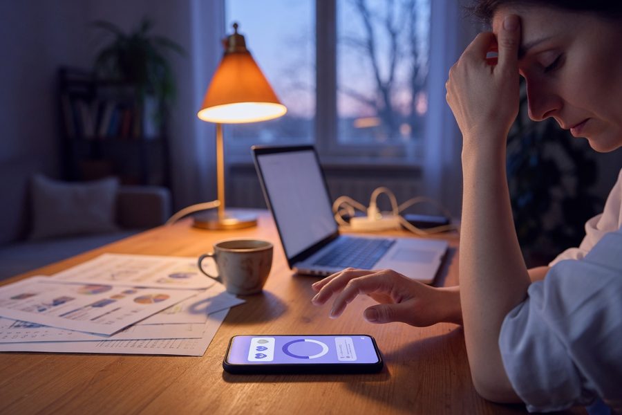 Infographic showing remote work stress statistics: 45% high stress, 36% thriving, 61% burnout rate.