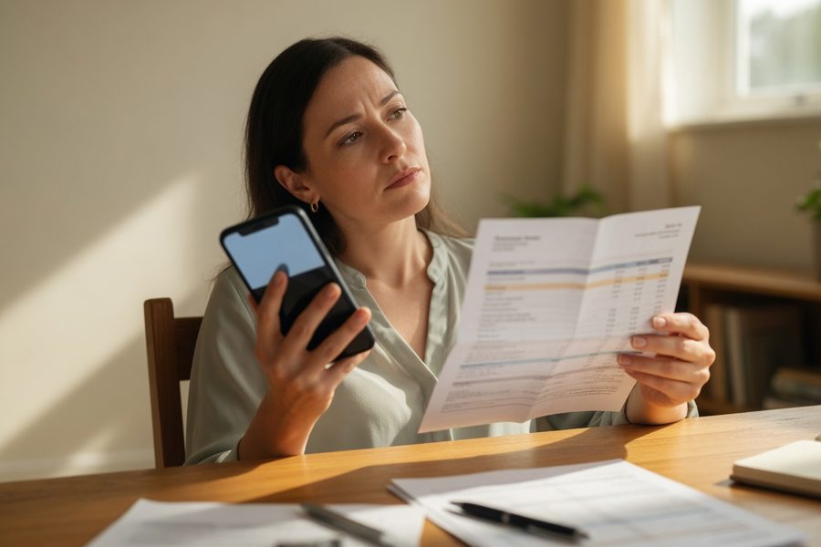 Dashboard of an AI investment app on a smartphone beside a person reviewing a printed financial plan