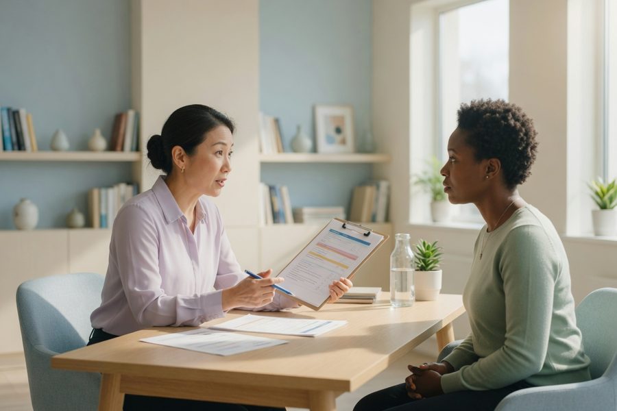Dietitian reviewing an AI-generated meal plan on a tablet