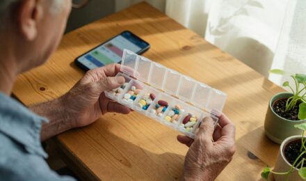 Older adult with medications and pill organizer, represented with healthcare technology interface