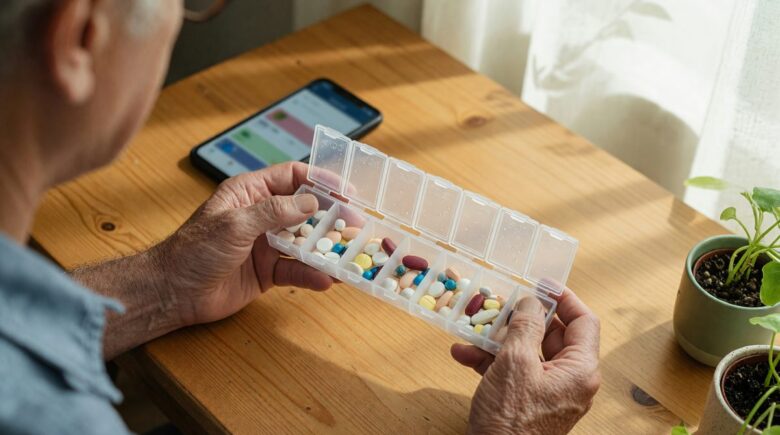 Older adult with medications and pill organizer, represented with healthcare technology interface