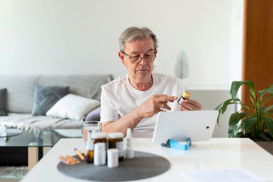 A side-by-side comparison of a smart pill dispenser, a chatbot interaction screen, and an EHR dashboard showing AI-generated risk scores for polypharmacy.