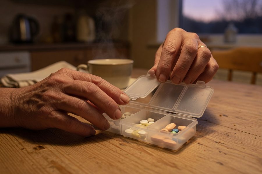 A caregiver comparing a paper medication list with an AI-generated deprescribing report on a tablet, highlighting an interaction alert in red.