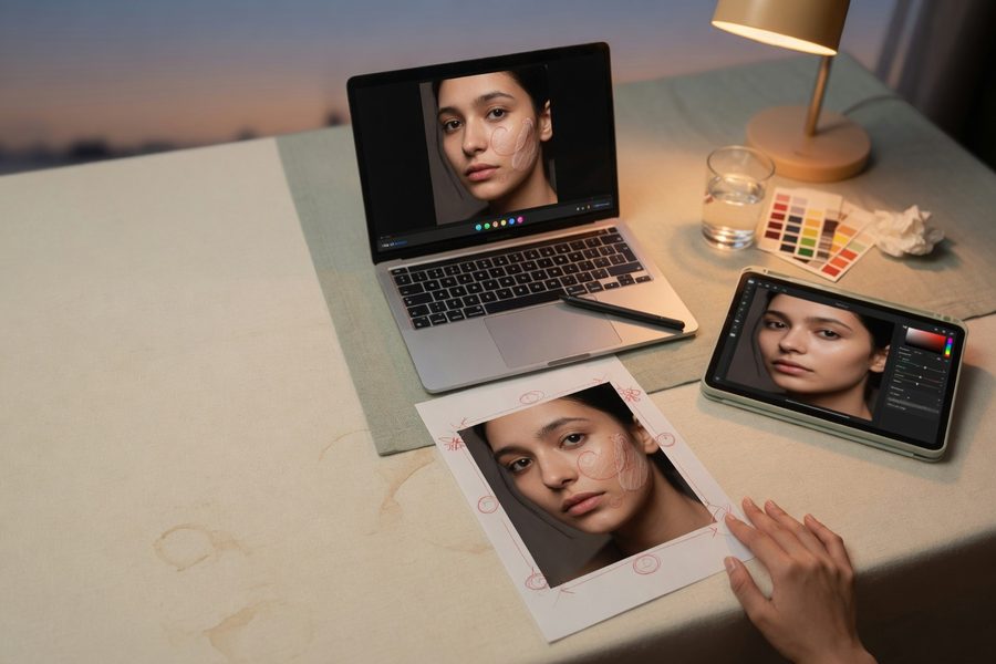 Before and after comparison of AI background replacement in a portrait