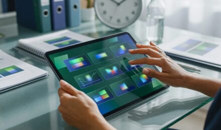 Corporate trainer building a presentation deck with AI presentation software on laptop