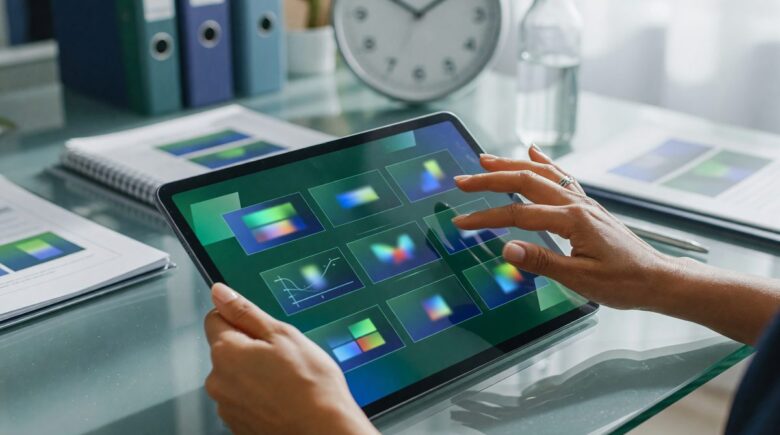 Corporate trainer building a presentation deck with AI presentation software on laptop