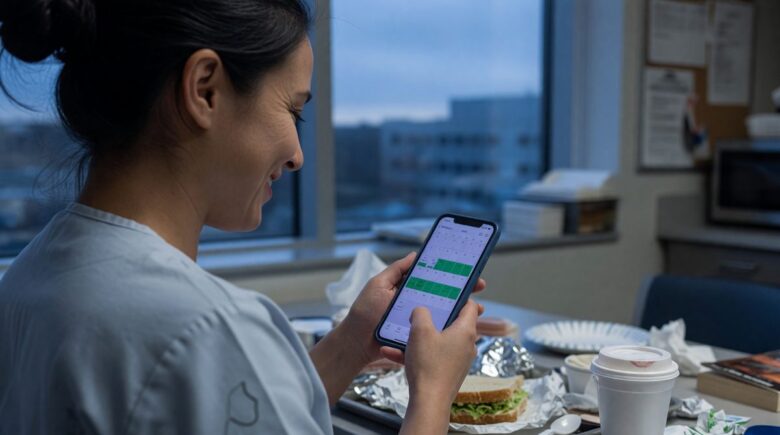 Nurse reviewing weekend schedule on tablet with AI scheduling app interface